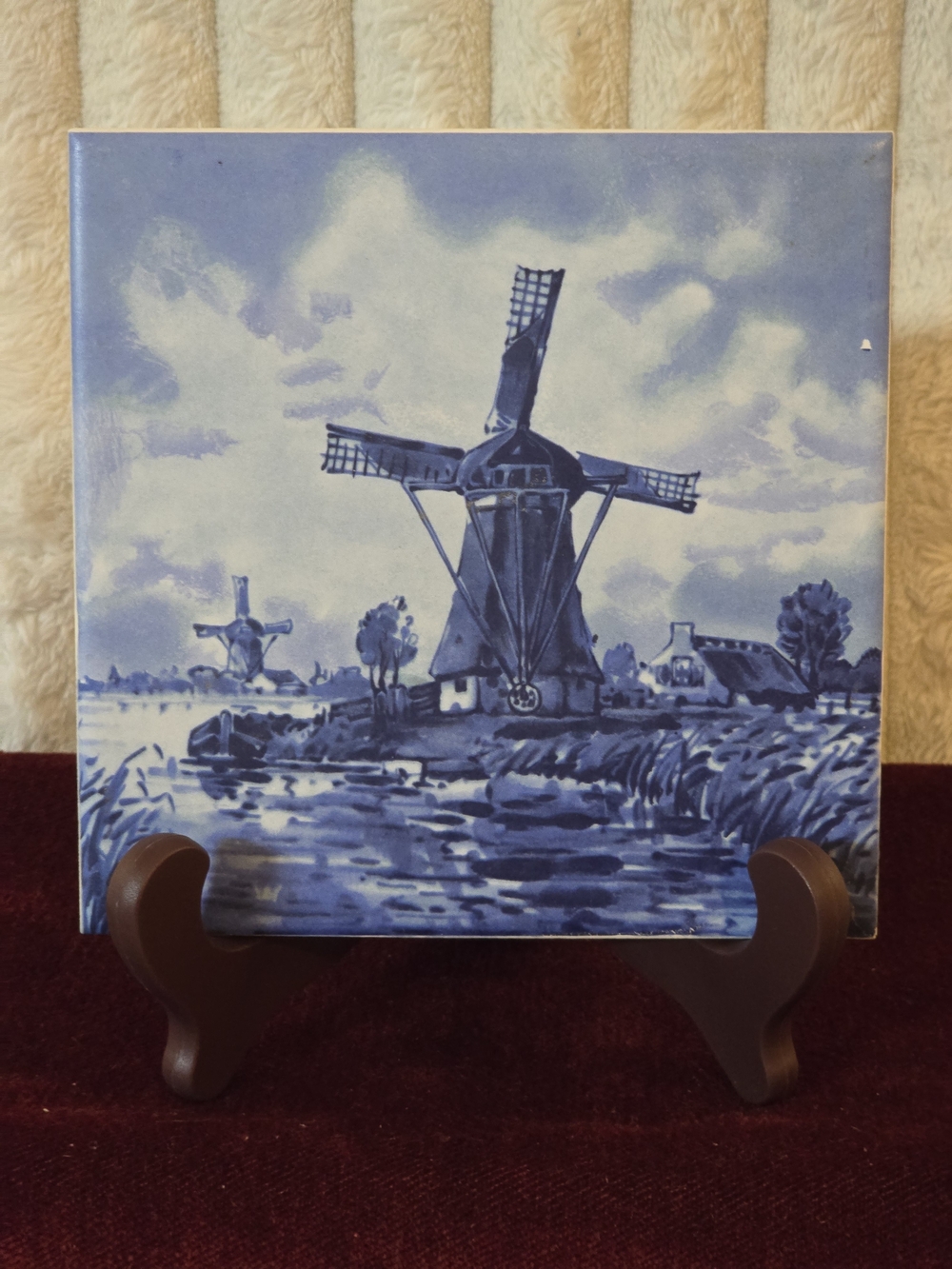 Vintage Delft Blue Windmill Ceramic Tile Trivet Wall Plaque 6x6